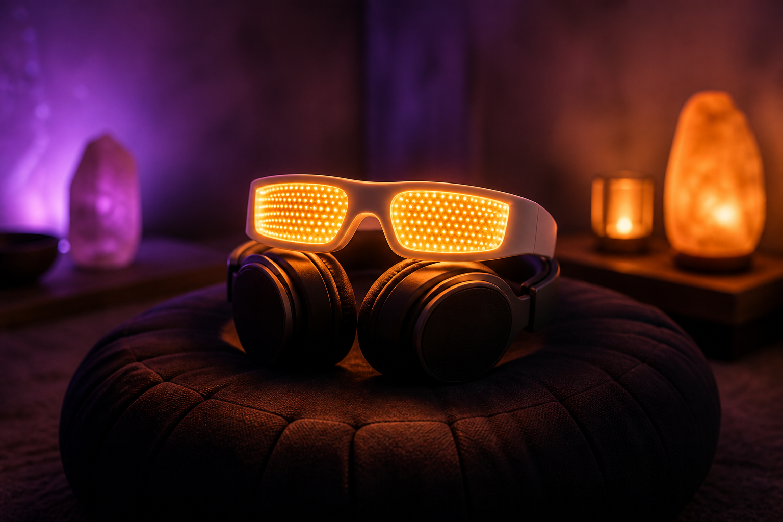 Light-therapy glasses with glowing amber LED eye panels resting on closed-back headphones on a dark meditation cushion, lit by soft purple ambient glow