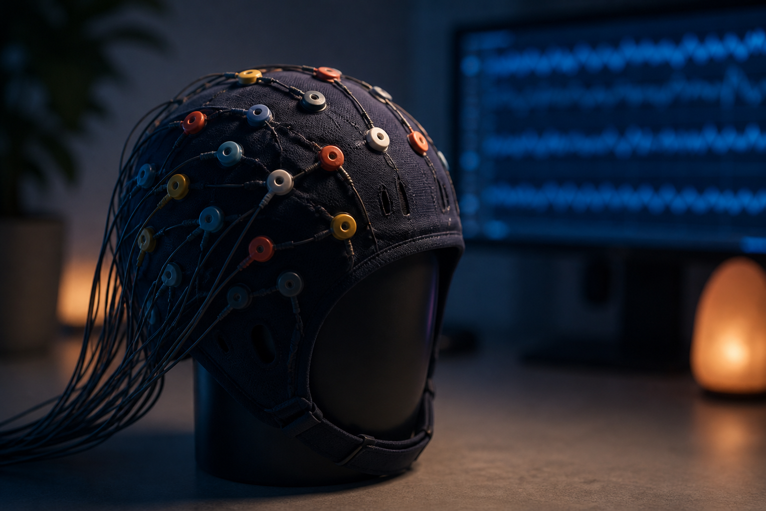 An EEG electrode cap with colorful wired sensors resting on a stand, softly lit in a dim room