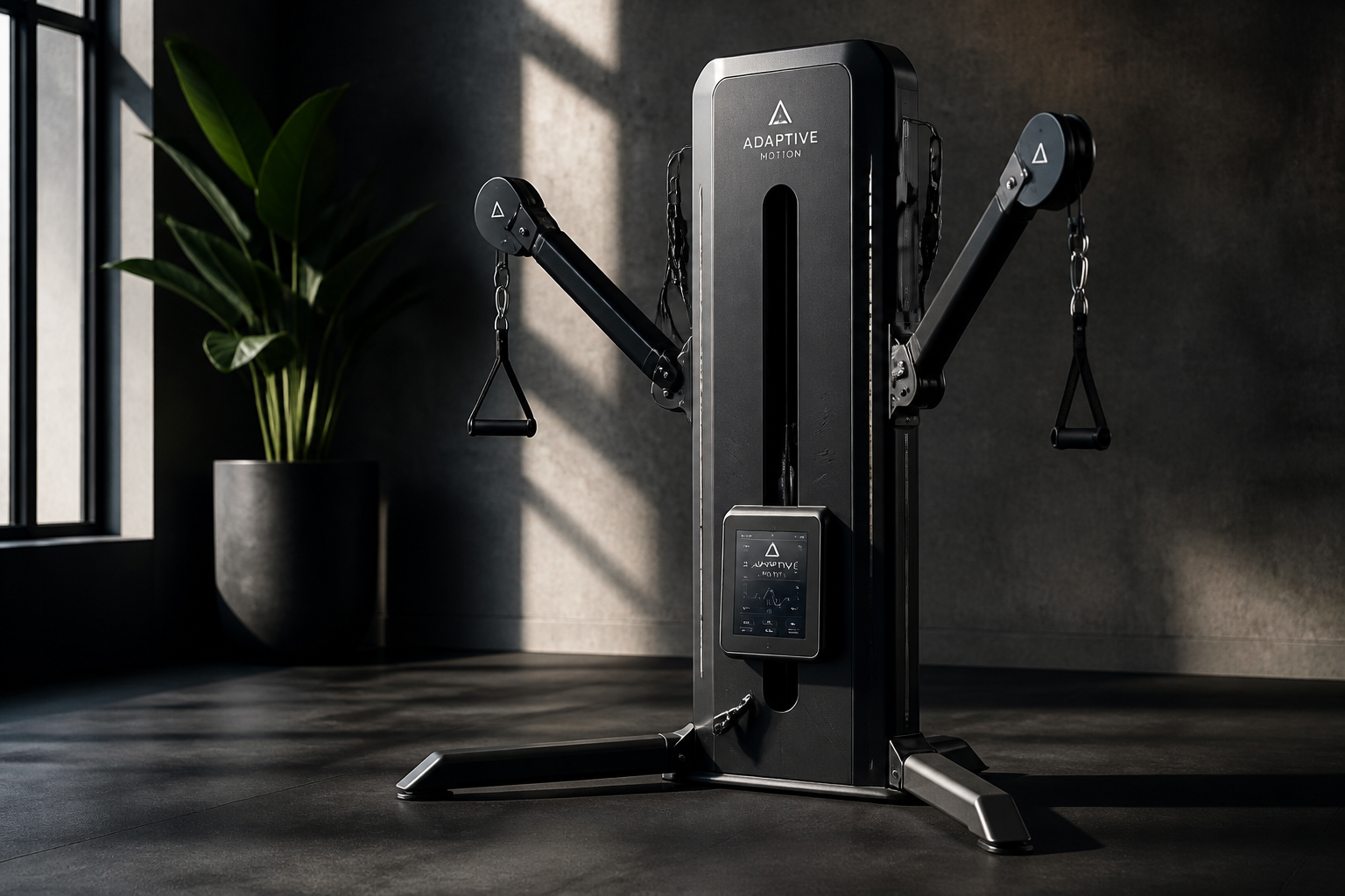 A sleek adaptive resistance training machine with cable and handle attachments in a minimal gym studio