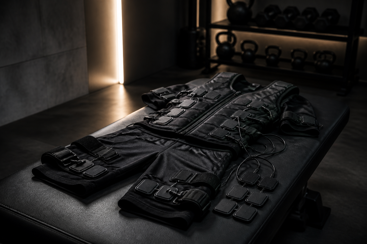A black electrical muscle stimulation training suit with wired electrode pads laid out on a bench