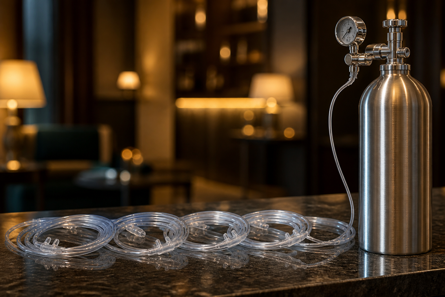 Coiled clear nasal cannula tubing on a dark stone counter beside a brushed steel oxygen cylinder with a chrome regulator and pressure dial