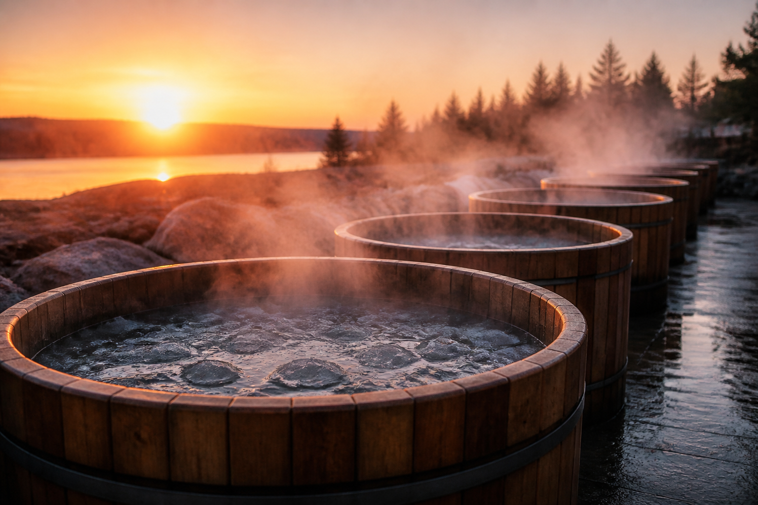 A row of round wooden ice bath tubs filled with icy water and steam rising, arranged outdoors at dawn in soft warm sunrise light