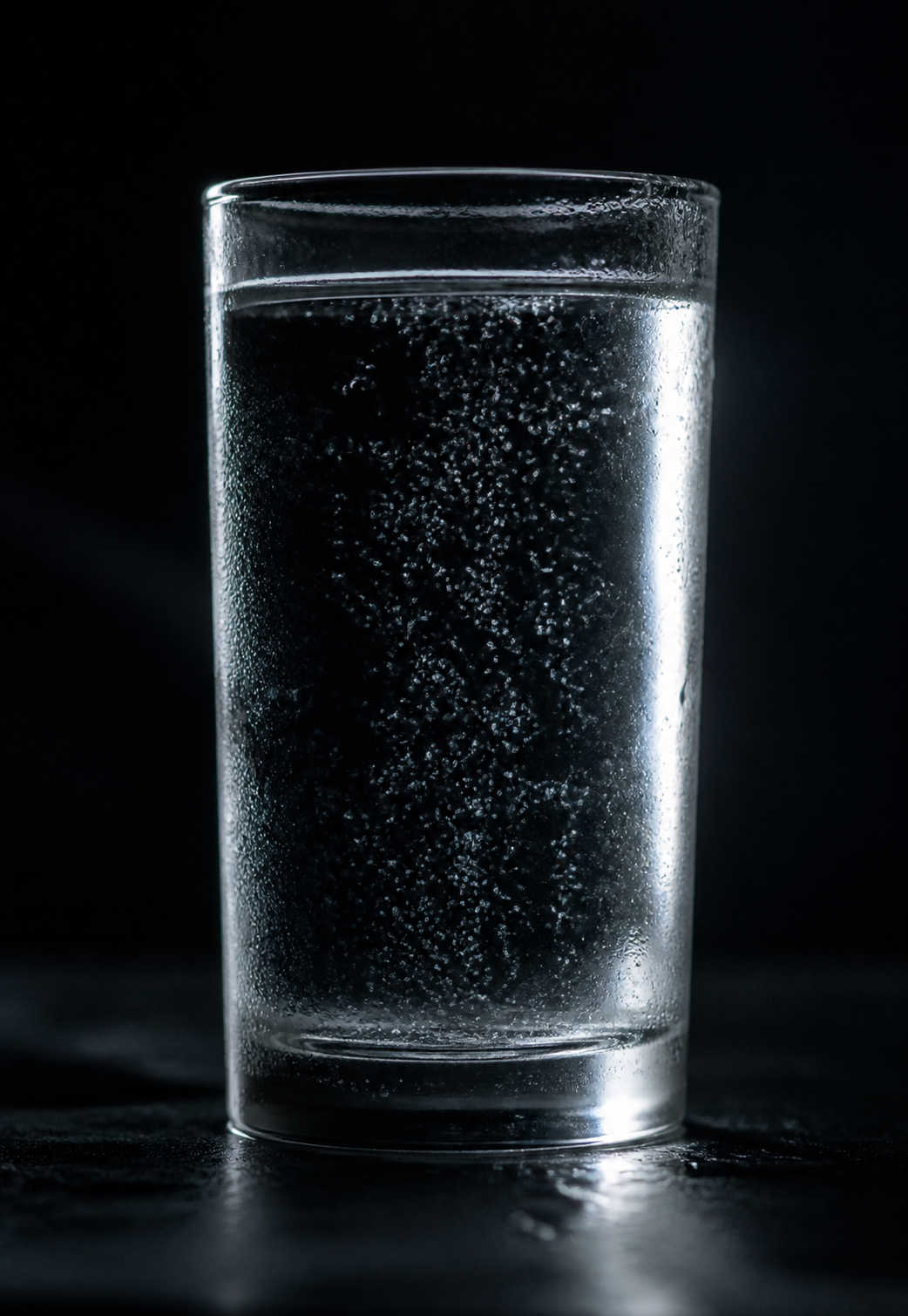 Glass of water with fine rising bubbles backlit against a dark background, condensation on the glass