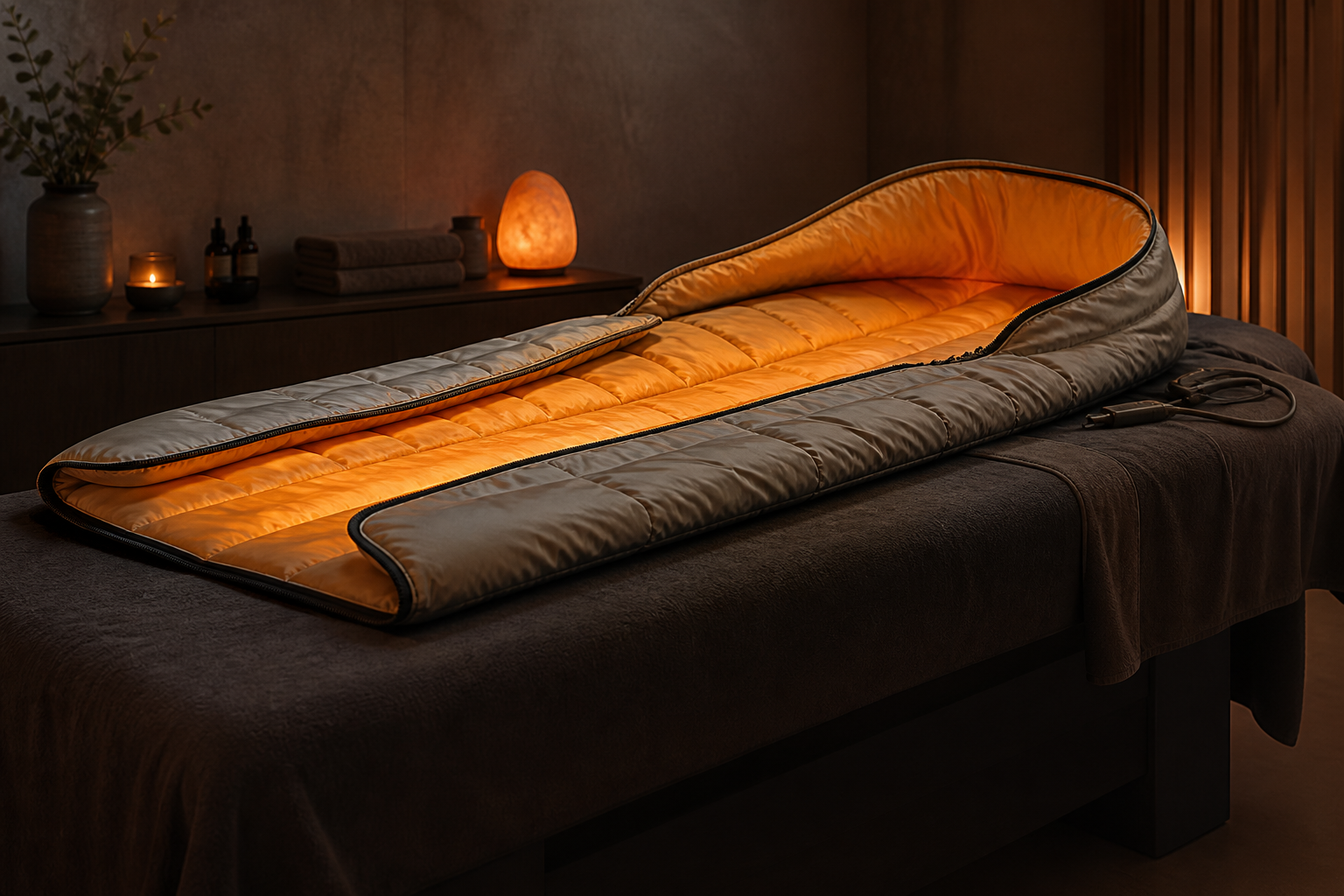An unoccupied cocoon-shaped infrared body wrap unfolded on a treatment table, its quilted lining glowing warm amber