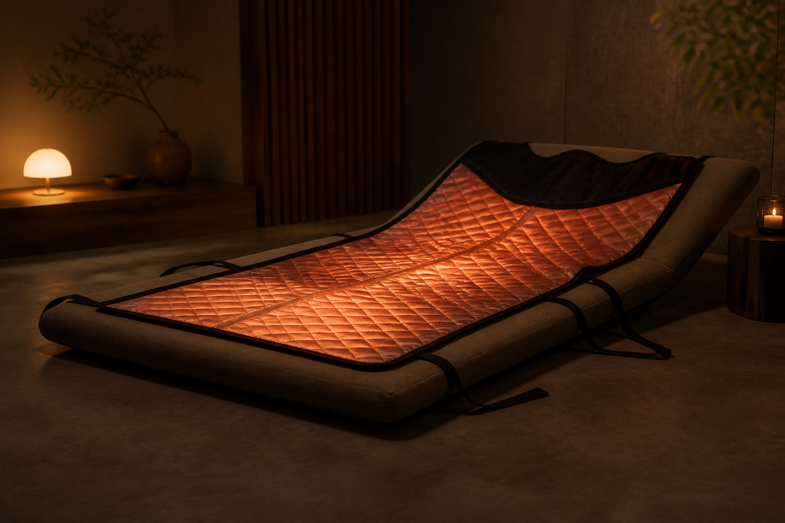 An unoccupied infrared sauna blanket lying open on a low lounger, its quilted lining glowing warm amber