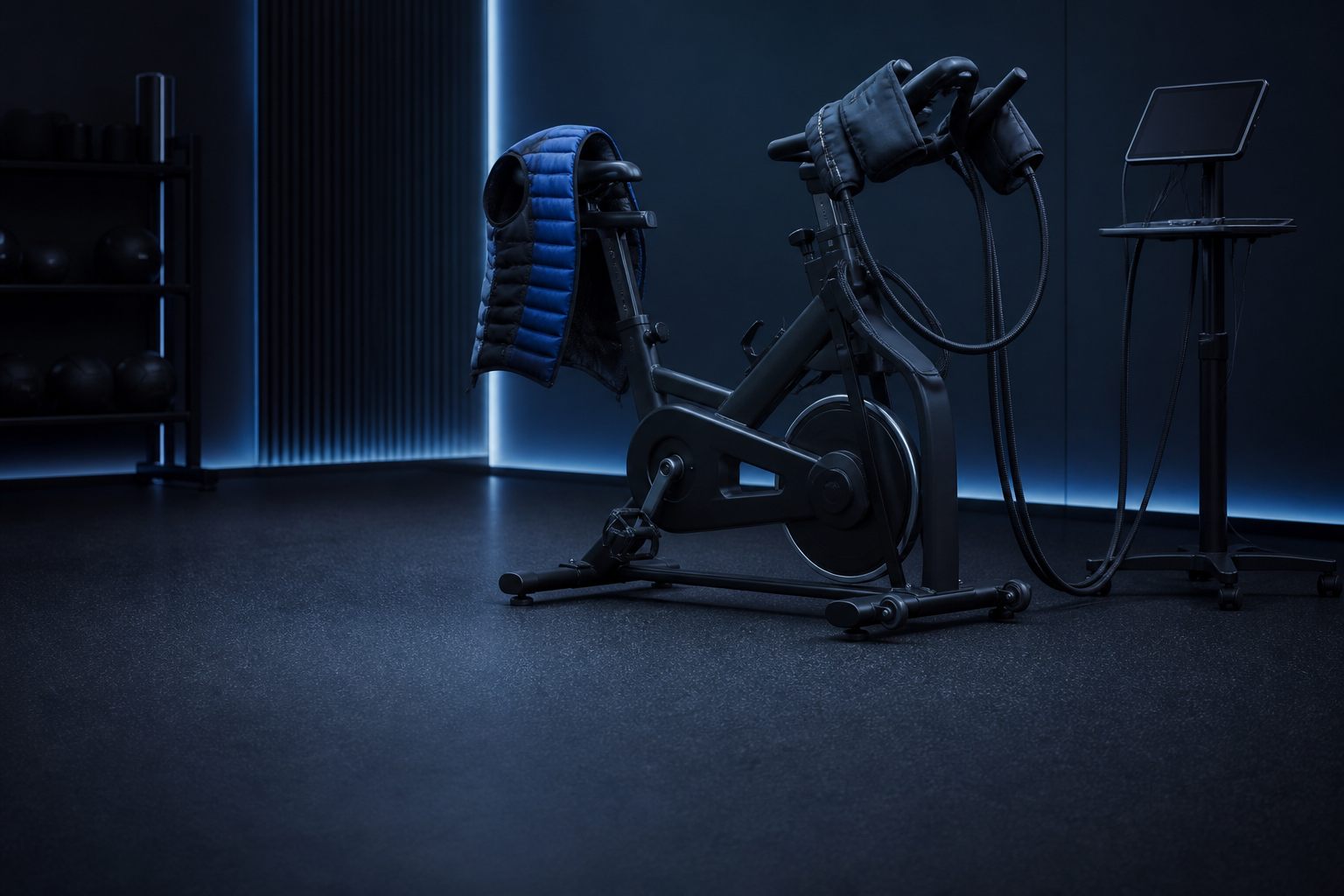 Unbranded stationary exercise bike fitted with pneumatic compression cuffs and a cooling vest, alone in a dim training studio with blue accent light